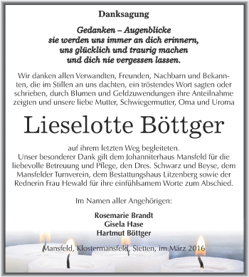 Traueranzeige von Lieselotte Böttger von Wochenspiegel Mansfelder Land