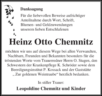 Traueranzeige von Heinz Otto Chemnitz von WVG - Wochenspiegel Dessau / Köthen