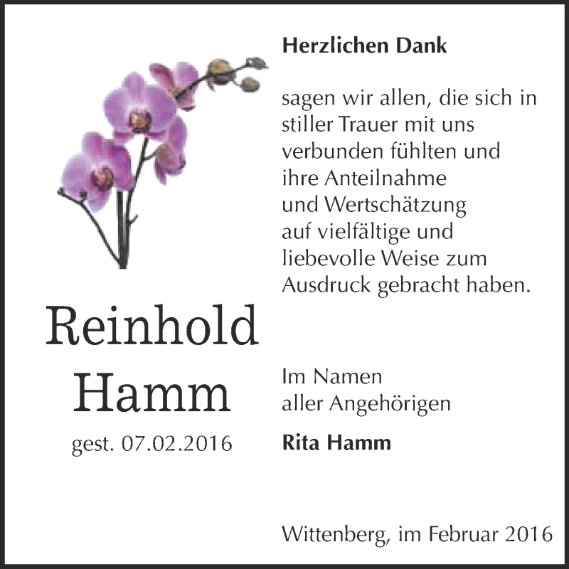  Traueranzeige für Reinhold Hamm vom 05.03.2016 aus WVG - Wochenspiegel Wittenberg