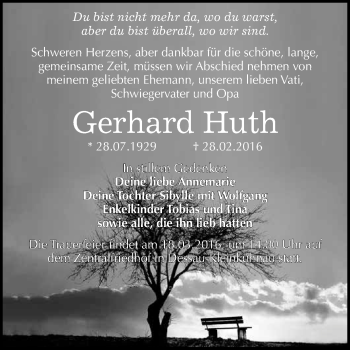 Traueranzeige von Gerhard Huth von WVG - Wochenspiegel Dessau / Köthen