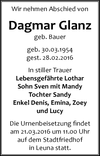 Traueranzeige von Dagmar Glanz von Mitteldeutsche Zeitung Merseburg/Querfurt