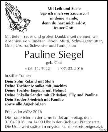Traueranzeige von Pauline Siegel von WVG - Wochenspiegel NMB / WSF / ZTZ