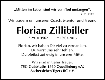 Traueranzeige von Florian Zillibiller von Mitteldeutsche Zeitung Quedlinburg