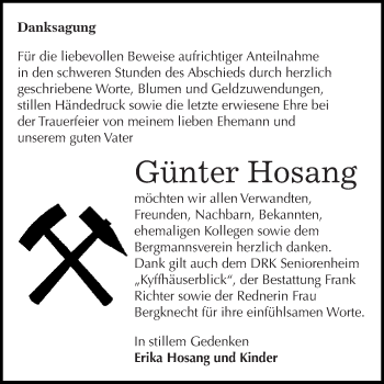 Traueranzeige von Günter Hosang von Super Sonntag SGH Mansf. Land