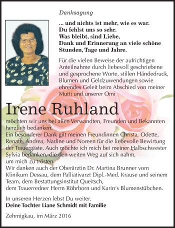 Traueranzeige von Irene Ruhland von Mitteldeutsche Zeitung Köthen
