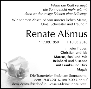 Traueranzeige von Renate Aßmus von Mitteldeutsche Zeitung Dessau-Roßlau