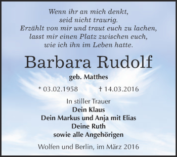 Traueranzeige von Barbara Rudolf von WVG - Wochenspiegel Bitterfeld