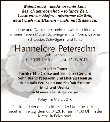 Traueranzeige von Hannelore Petersohn von Super Sonntag Bernburg
