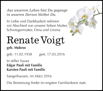 Traueranzeige von Renate Voigt von Super Sonntag SGH Mansf. Land