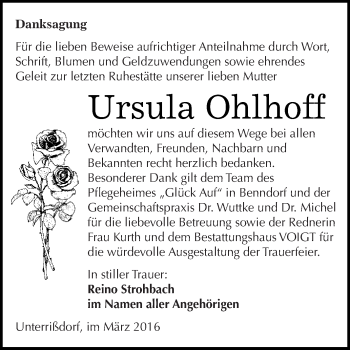 Traueranzeige von Ursula Ohlhoff von Wochenspiegel Mansfelder Land
