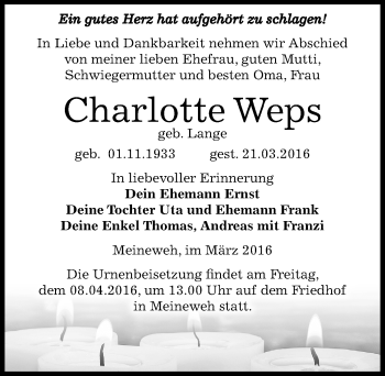 Traueranzeige von Charlotte Weps von Mitteldeutsche Zeitung Zeitz