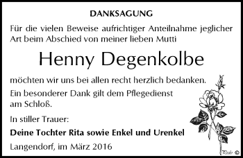 Traueranzeige von Henny Degenkolbe von Mitteldeutsche Zeitung Weißenfels