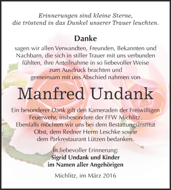 Traueranzeige von Manfred Undank von Super Sonntag Merseburg