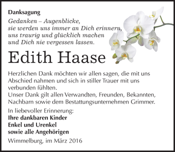Traueranzeige von Edith Haase von Mitteldeutsche Zeitung Mansfelder Land