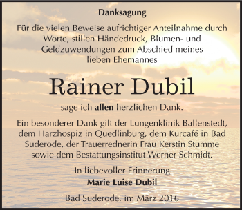 Traueranzeige von Rainer Dubil von Mitteldeutsche Zeitung Quedlinburg
