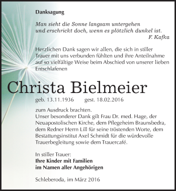 Traueranzeige von Christa Bielmeier von Mitteldeutsche Zeitung Naumburg/Nebra