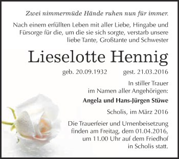 Traueranzeige von Lieselotte Hennig von WVG - Wochenspiegel Wittenberg