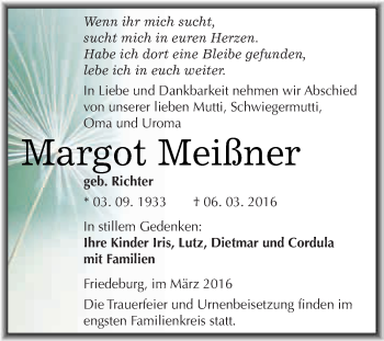 Traueranzeige von Margot Meißner von Wochenspiegel Mansfelder Land