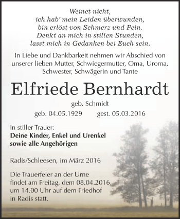 Traueranzeige von Elfriede Bernhardt von WVG - Wochenspiegel Wittenberg