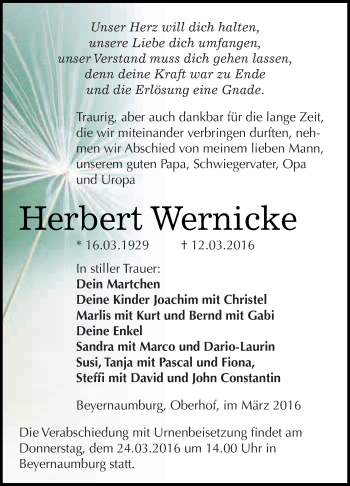Traueranzeige von Herbert Wernicke von Super Sonntag SGH Mansf. Land