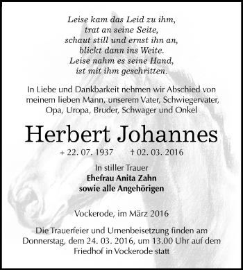 Traueranzeige von Herbert Johannes von WVG - Wochenspiegel Wittenberg