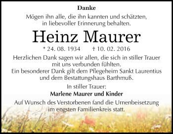 Traueranzeige von Heinz Maurer von WVG - Wochenspiegel NMB / WSF / ZTZ