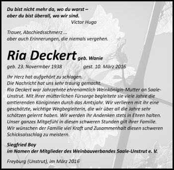 Traueranzeige von Ria Deckert von Mitteldeutsche Zeitung Naumburg/Nebra