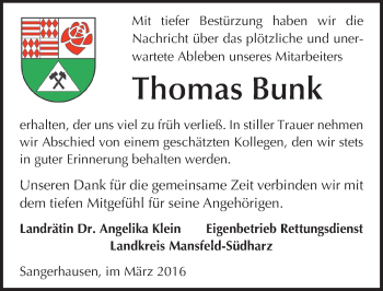 Traueranzeige von Thomas Bunk von Mitteldeutsche Zeitung