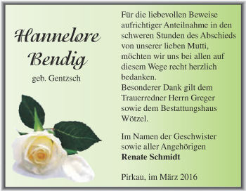 Traueranzeige von Hannelore Bendig von Super Sonntag Zeitz