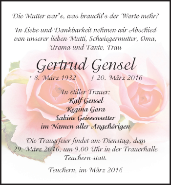 Traueranzeige von Gertrud Gensel von Mitteldeutsche Zeitung Weißenfels