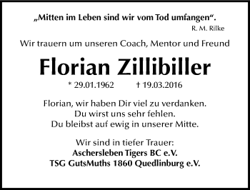 Traueranzeige von Florian Zillibiller von Mitteldeutsche Zeitung Aschersleben