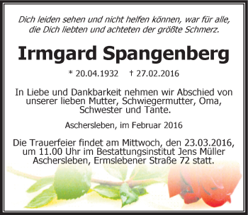 Traueranzeige von Irmgard Spangenberg von Mitteldeutsche Zeitung Aschersleben