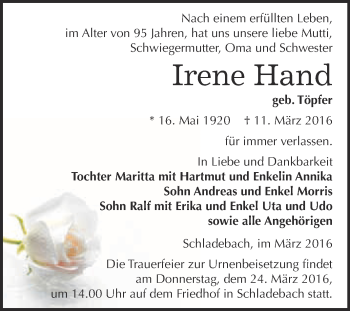 Traueranzeige von Irene Hand von Super Sonntag Merseburg
