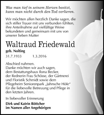 Traueranzeige von Waltraud Friedewald von Super Sonntag SGH Mansf. Land