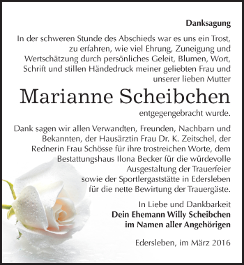Traueranzeige von Marianne Scheibchen von Mitteldeutsche Zeitung Sangerhausen