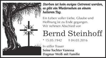 Traueranzeige von Bernd Steinhoff von WVG - Wochenspiegel Dessau / Köthen