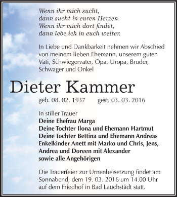 Traueranzeige von Dieter Kammer von WVG - Wochenspiegel Merseburg