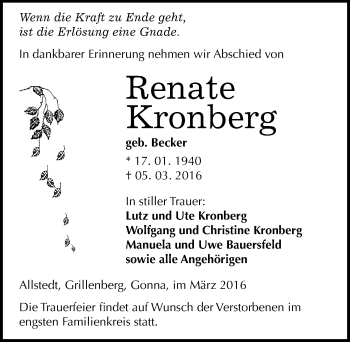 Traueranzeige von Renate Kronberg von Mitteldeutsche Zeitung Sangerhausen
