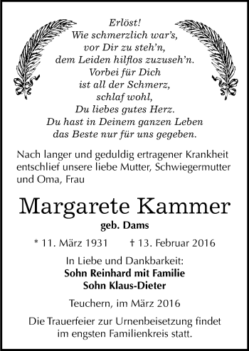 Traueranzeige von Margarete Kammer von Mitteldeutsche Zeitung Weißenfels