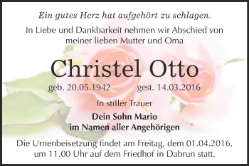 Traueranzeige von Christel Otto von WVG - Wochenspiegel Wittenberg