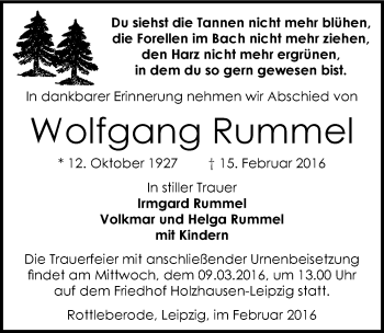 Traueranzeige von Wolfgang Rummel von Mitteldeutsche Zeitung Sangerhausen