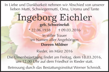 Traueranzeige von Ingeborg Eichler von WVG - Wochenspiegel Quedlinburg