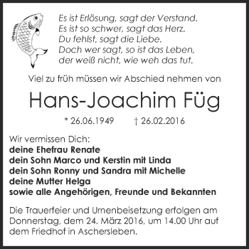 Traueranzeige von Hans-Joachim Füg von Super Sonntag Aschersleben