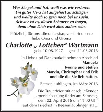 Traueranzeige von Charlotte Wartmann von Mitteldeutsche Zeitung Bernburg