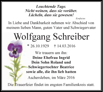 Traueranzeige von Wolfgang Schreiber von Super Sonntag Aschersleben