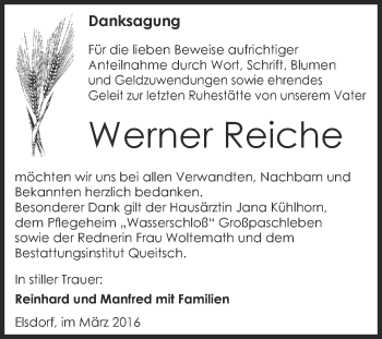 Traueranzeige von Werner Reiche von WVG - Wochenspiegel Dessau / Köthen