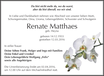 Traueranzeige von Renate Matthaes von Super Sonntag Zeitz