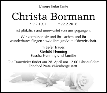 Traueranzeige von Christa Bormann von Mitteldeutsche Zeitung Wittenberg