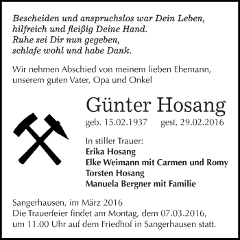 Traueranzeige von Günter Hosang von Super Sonntag SGH Mansf. Land