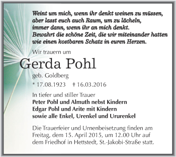 Traueranzeige von Gerda Pohl von Wochenspiegel Mansfelder Land